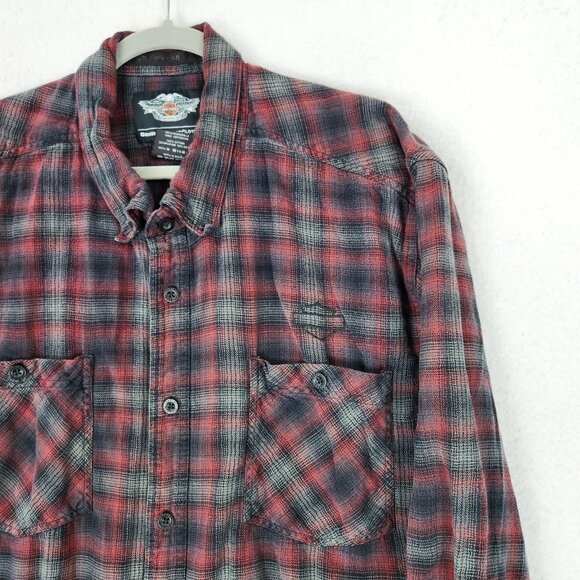 Harley Davidson Shirt Mens 3XL Red Gray Plaid Flannel Button Up Embroidered - Picture 2 of 11